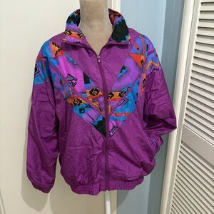 Bold Spirit Windbreaker Retro 80's 90's Vintage Purple Aztec Design Zip Large